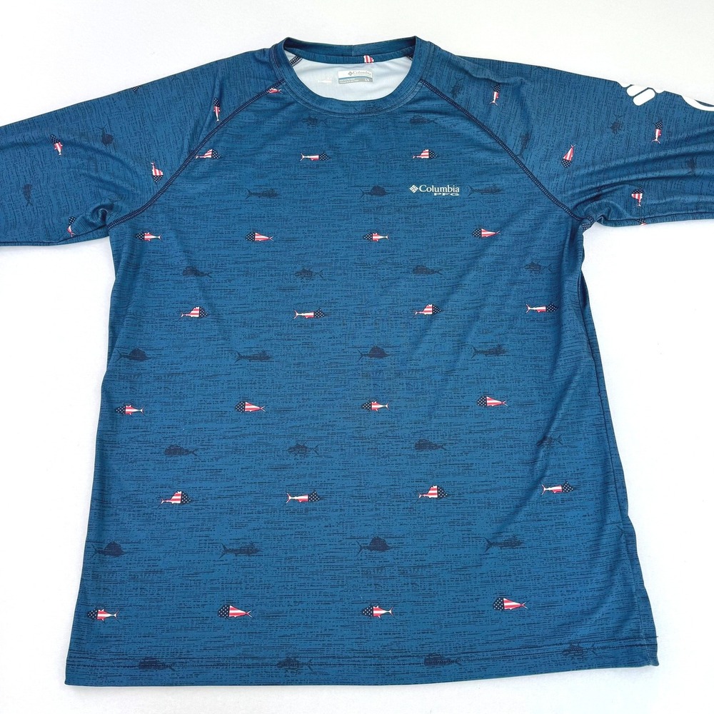 Columbia PFG Mens Large Blue American Flag Fish Print Long Sleeve Fishing Shirt